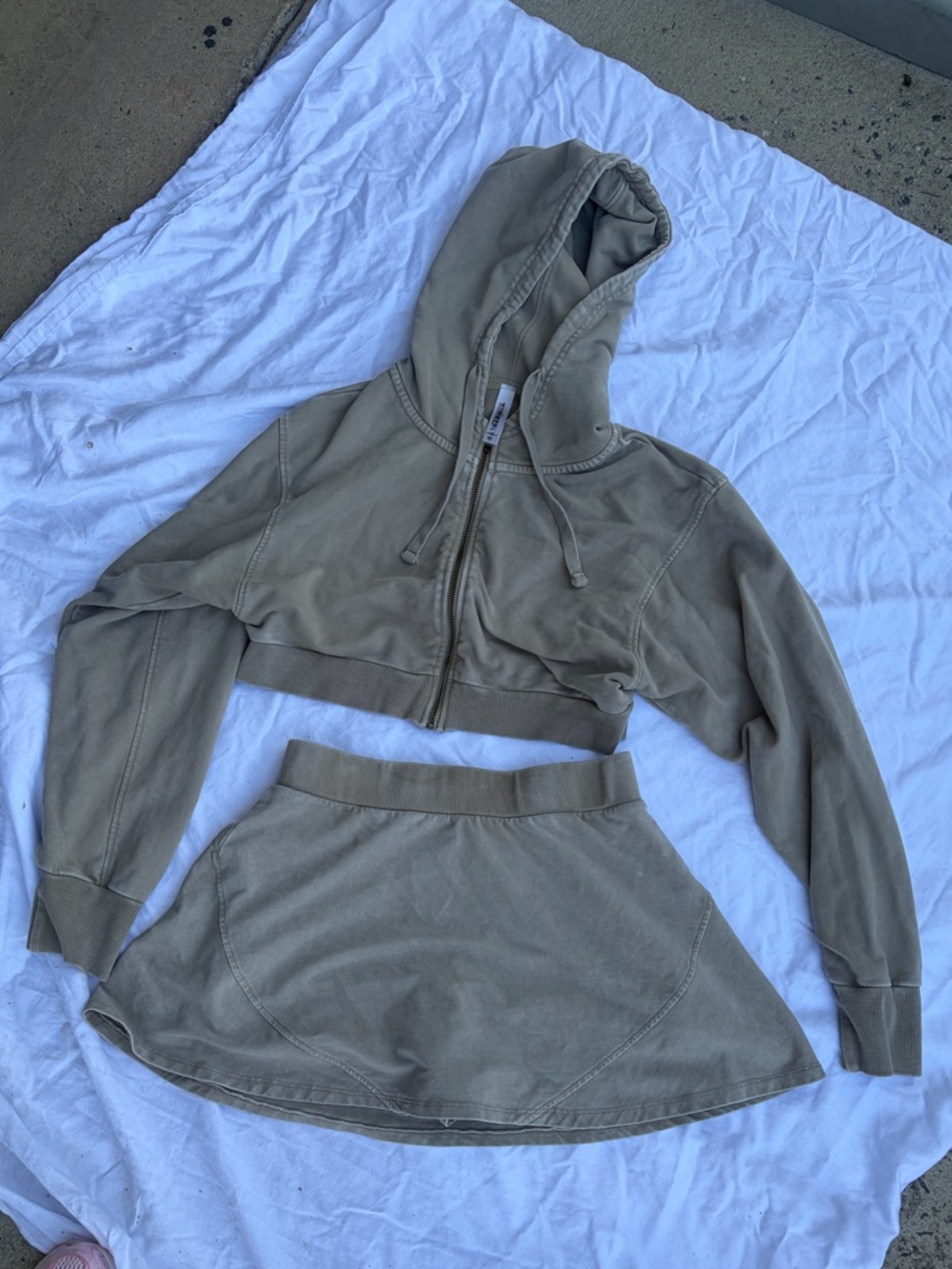 Kimberly Cropped Zip Hoodie and Skirt Set - Beige